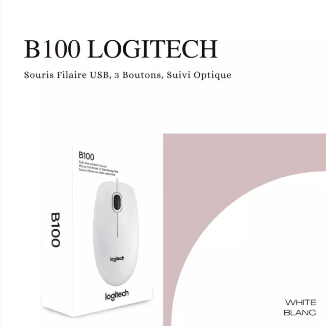 Logitech B100 Souris Filaire USB, 3 Boutons, Suivi Optique,  (Blanc-white)