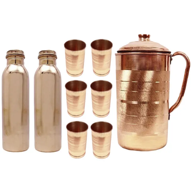 100% Copper Water Jug Pot With Tumbler Glass Bottle Pitcher ForAyurveda Benefits