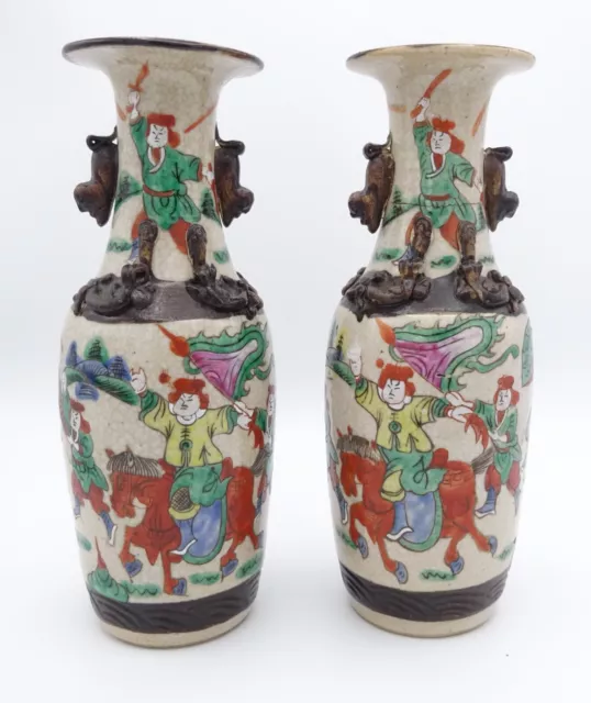 Antique 19th Century Pair Chinese Nanking Foo Dog Warrior Crackle Glaze Vases