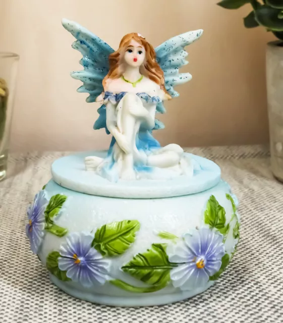 Blue Lily Flora Fairy Garden Fae Small Round Trinket Jewelry Box Figurine 3.25"H