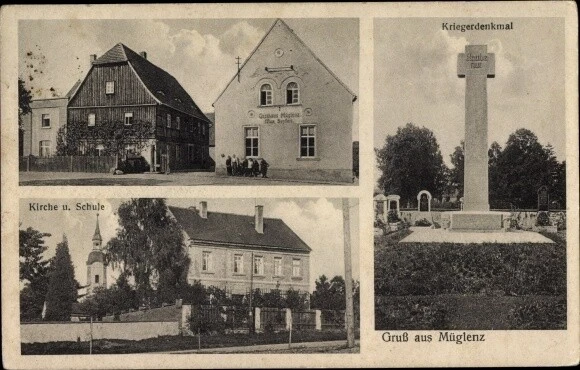 AK MÜGLENZ LOSSATAL Sachsen, Kriegerdenkmal, Kirche, Schule