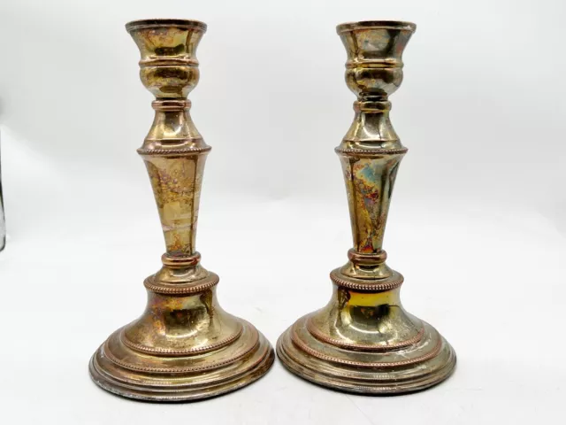 Vintage / Antique Silver Plate On Copper Well Made Heavy Pair Of Candlesticks