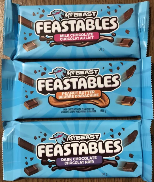 3 PACK Mr Beast Feastables Milk Chocolate, Peanut Butter, Dark. MrBeast, French