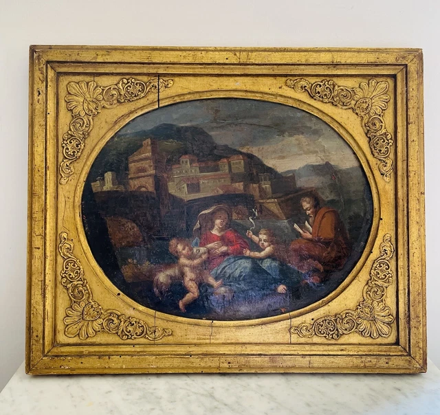 Ancienne peinture XVIII « La Sainte Famille avec Jean Baptiste dans un paysage »