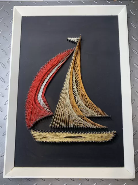 Vintage String Art Picture 1960s 70s Retro Decor Sailing Boat Yacht Pin & Thread