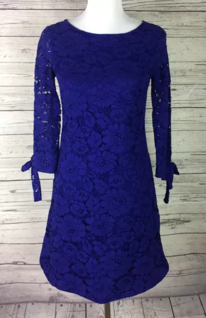 Vince Camuto Womens Blue Lace Overlay 3/4 Tie Sleeve Cocktail Shift Dress Size 2