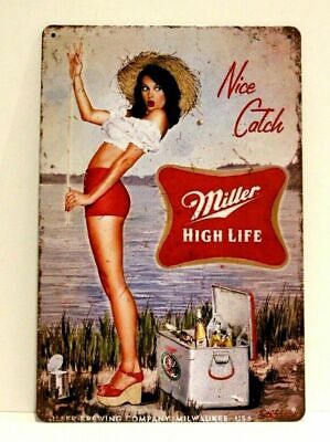 Miller Beer Pinup Girl Tin Poster Sign Bar Man Cave Vintage Ad Style Fishing New