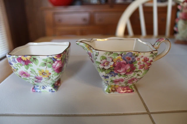 Vtg Royal Winton Grimwades England Summertime Chintz Square Open Sugar & Creamer