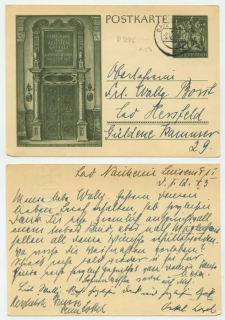 95817 - Ganzsache P 296 - Postkarte - Bad Nauheim 2.12.1943 nach Bad Hersfeld