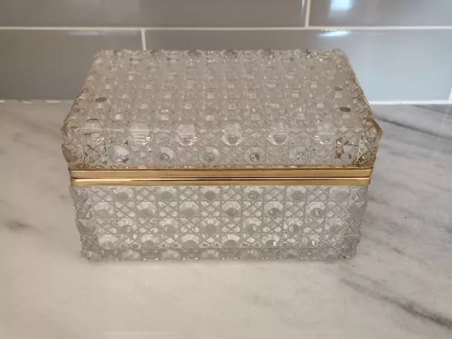 Vintage French Cut Crystal Brass Hinged Dresser Trinket Jewelry Box