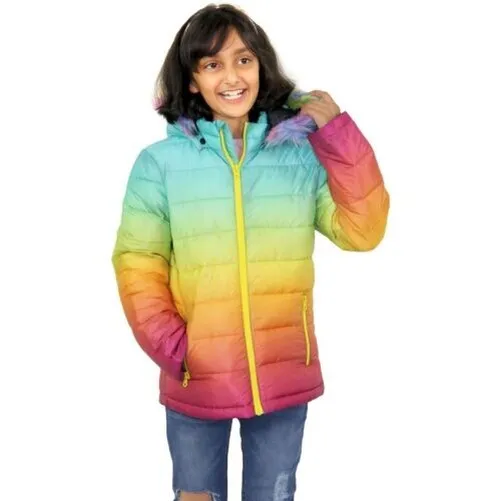 Kids Girls Jackets Rainbow Faux Fur Hooded Two Tone 3D Puffer Bubble Padded Coat