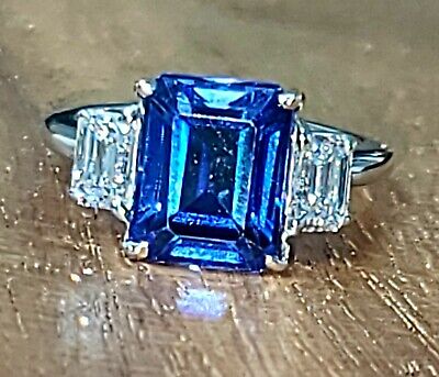 14K white gold engagement ring 4.68CT. Gem BLUE SAPPHIRE emerald cut
