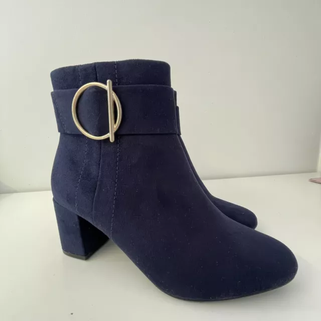 Marks Spencer Collection Boots Navy Blue Faux Suede Block Heel Buckle Size 4.5