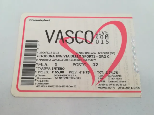 Biglietto Concerto Vasco Rossi Anno 2015 Stadio Dall'Ara Bologna da collezione 2