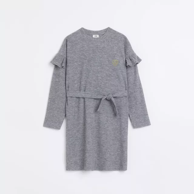 River Island Girls Dress Grey Cosy Ribbed Belted