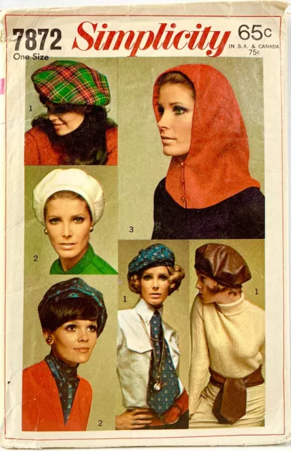 1968 Simplicity Sewing Pattern 7872 Womens Beret Hood Ascot Sash One Size 13839