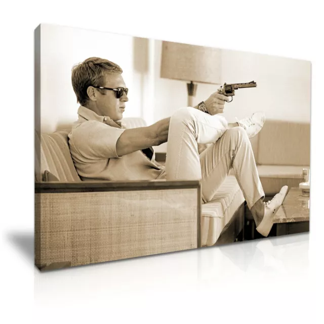 Steve McQueen with Gun Icon Sepia Modern Canvas Wall Art Print 76x50cm