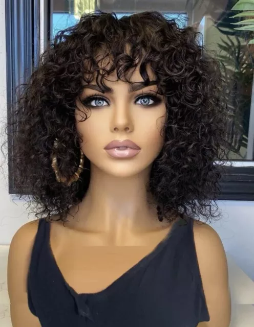 Perruque Afro Noir Naturelle 100% Cheveux Humains A Frange Bouclée Wig 30cm  250%