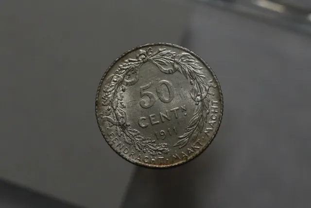Belgium 50 Centimes 1911 Der Belgen Silver High Grade B46 #Z9368