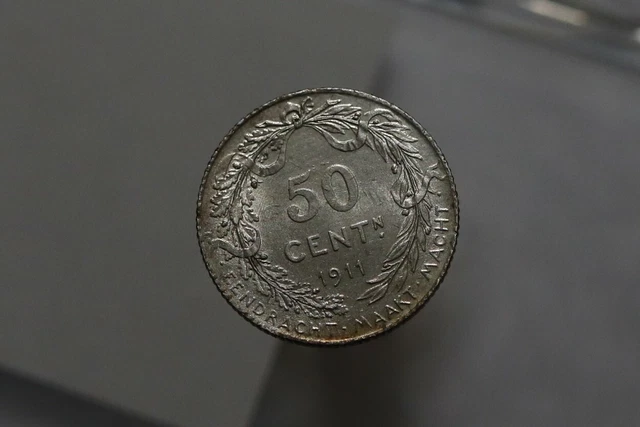 Belgium 50 Centimes 1911 Der Belgen Silver High Grade B46 #Z9368