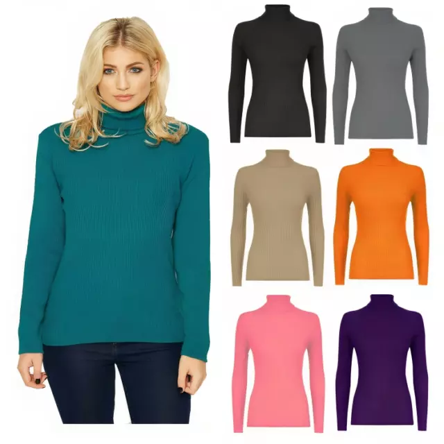 Womens Ladies Skinny Ribbed Polo Turtle High Roll Neck Long Sleeve Top Uk 8-26