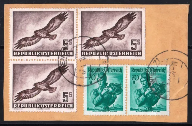 MiNr. 986 (3), 5,- Schilling "Vögel", 3er-Block auf Briefstück, selt. Frankatur!