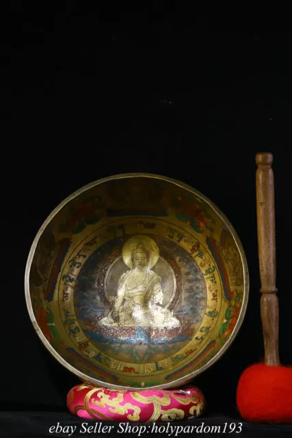 9.6" Old Tibet Tibetan Purple Bronze 24K Gold Gilt Temple Alms bowl Stick