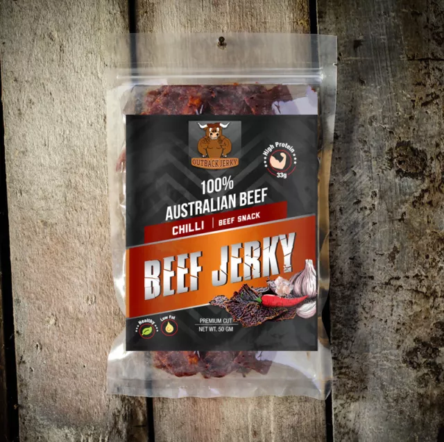 BEEF JERKY FRESH SAVOURY SNACK FOOD 50g CHILLI AUSTRALIAN DELICIOUS FLAVOUR