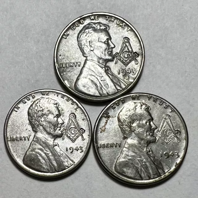 Lincoln Wheat 1943 Steel Cents 3 Coin Penny Lot Free Mason Engraving Collection