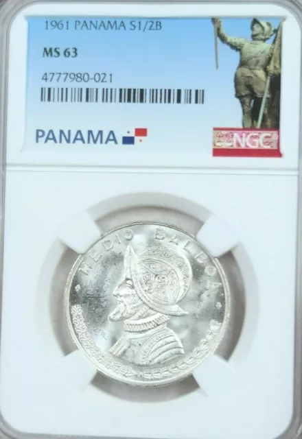 1961 Panama Silver 1/2 Balboa Vasco Nunez De Balboa Ngc Ms 63 Frosty Blazer