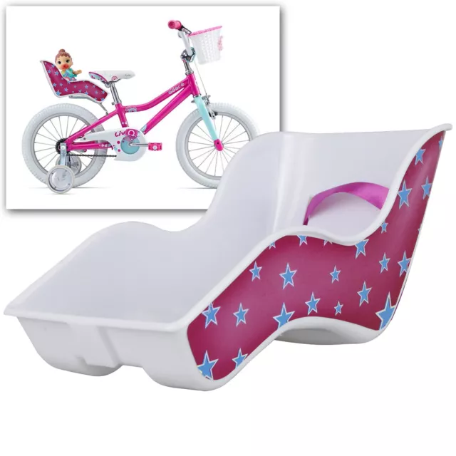 Bikes-Up Kids Bicycle Toy Doll Seat Carrier - White Pink Stars