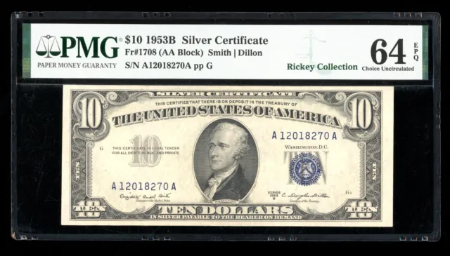 DBR 1953-B $10 Silver Fr. 1708 PMG 64 EPQ Serial A12018270A