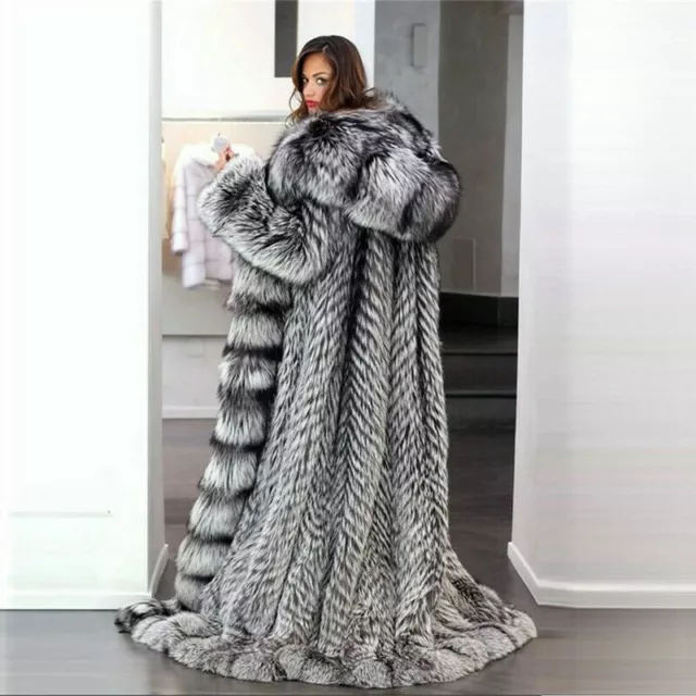 X-Long Luxury Women Real Silver Fox Fur Coat Hooded Overcoat Outwear Thick 160cm