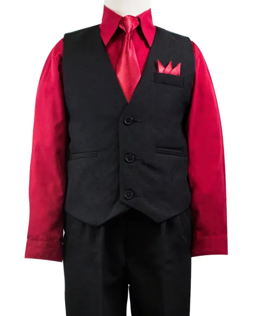 Boys Solid Black Vest Suit Set with Colored Dress Shirt, Tie, Size 2T-14 Wedding 2