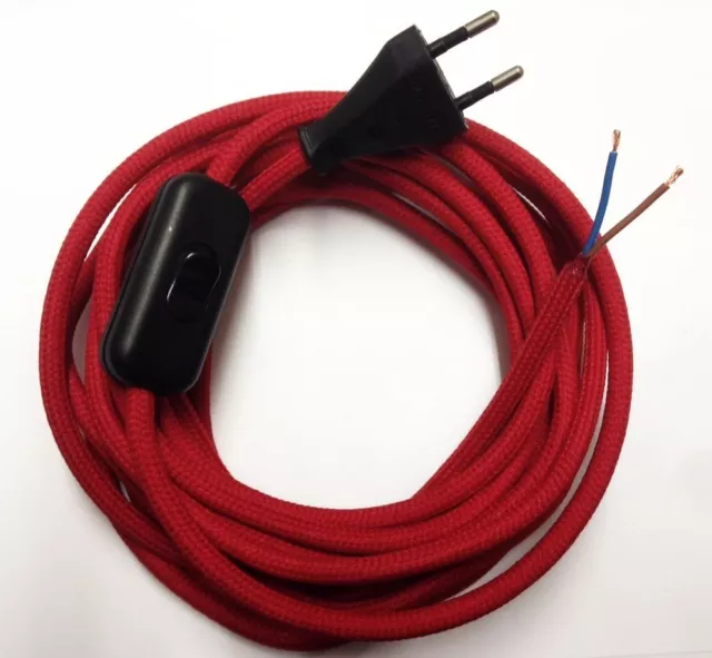 Nouveau: 5 m avance de Câble textile Rouge 2x0,75 bouchon + Interrupteur