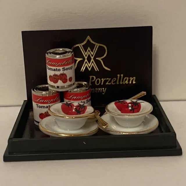 Reutter Porcelain Dollhouse Miniature Tomato Soup Set Food Bowls Spoons NIB