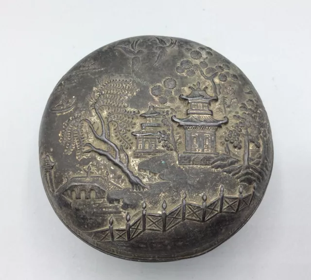 Antique Japanese Qing period Metal Round Box with a Temple Lake scene