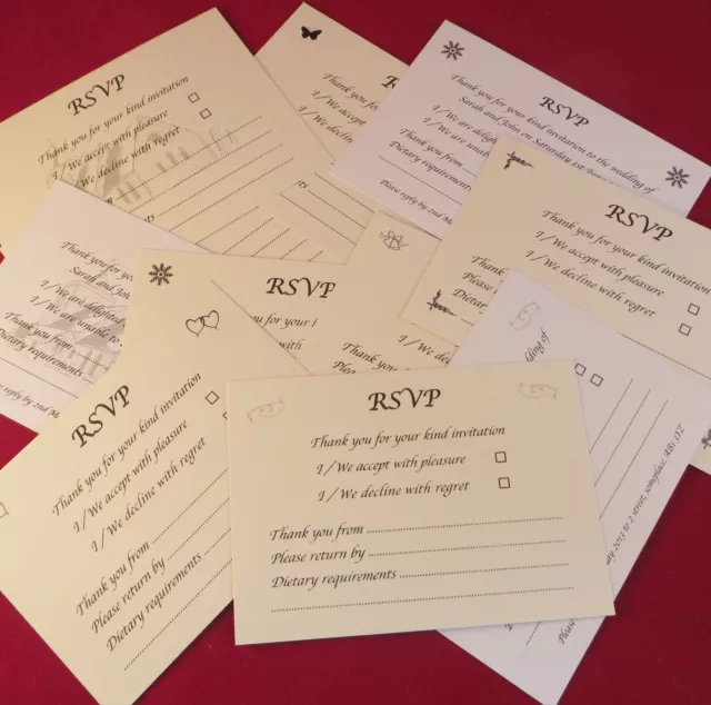 25 RSVP Cards & Envelopes Incl Dietary Requests Wedding Reception White or Ivory