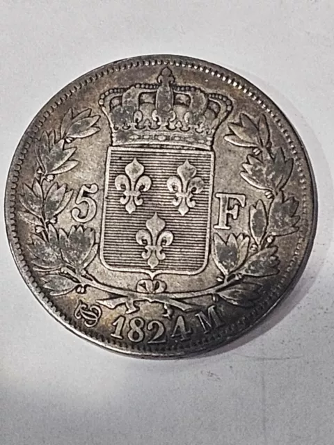5 Francs 1824 M France Louis XVIII Rare Crown Thaler Sized Large French Coin 6L 2