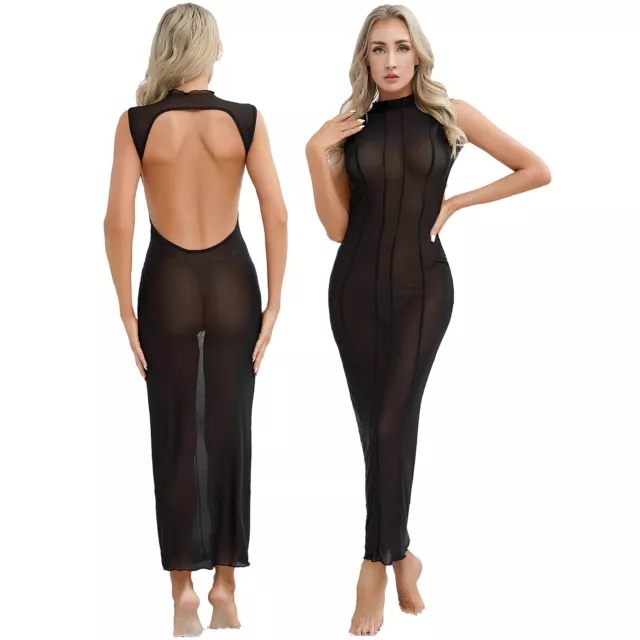 Sexy Womans See Through Bodycon Midi Dress Sheer Backless Party Beach Nightdress 3