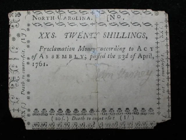 North Carolina * 04-23-1761 * Twenty Shillings * Colonial Note * Torn Corners