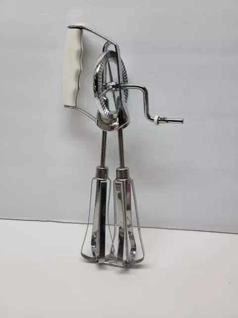 Vintage Stainless Steel Old School Mechanical Hand Mixer White Handle Eggbeater