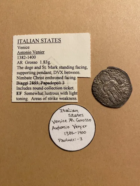 Italian States 1382-1400 Venice AR Grosso Coin with Collector Tag