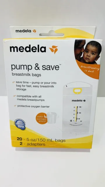 Medela Pump & Save Breastmilk Bags (20 count) 2 Adapters- FAST FREE SHIPPING