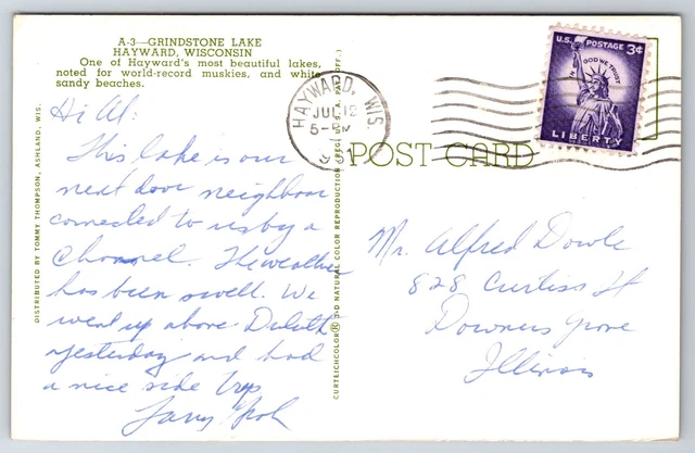 Vintage Postcard POSTED Aerial View Grindstone Lake Hayward Wisconsin 2