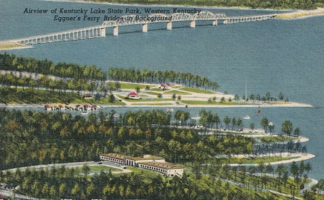 Postcard Kentucky Lake State Park Aerial view Eggner's Ferry Bridge Linen