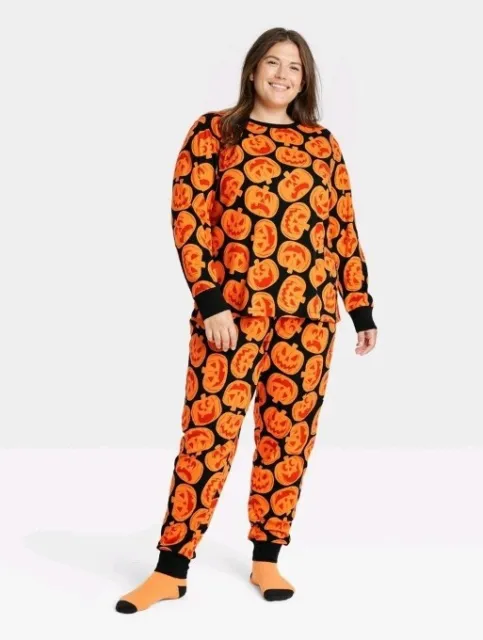 Women's 2 Piece XXL Halloween Pajama PJ Set Jack O lantern Pumpkin matching