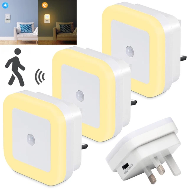 UK PLUG IN LED Motion Sensor Bedside Night Lights Dusk to Dawn Stair ...