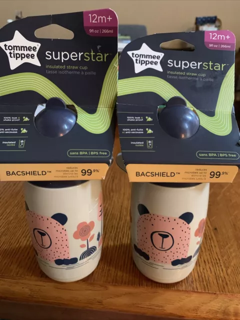 2x Tommee Tippee Superstar Straw Insulated Sippy Cup for Toddlers 9oz 12+ Months