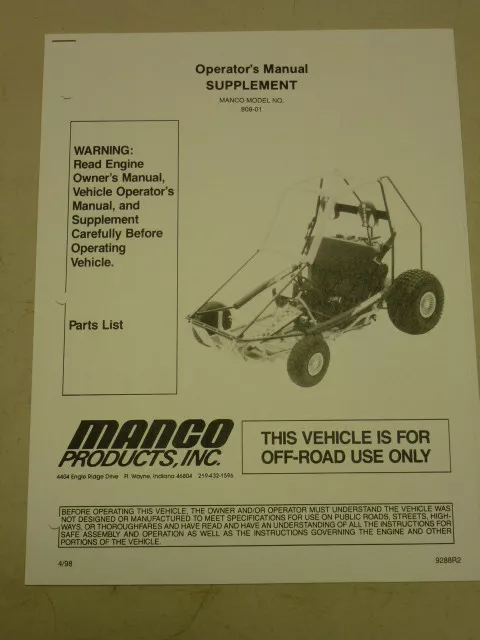 Manco Model 808-01 Go Kart Parts List Operators Manual Cart